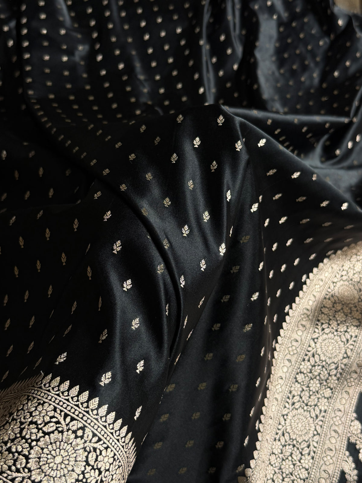 Banarasi Mashru Satin Silk Saree Booti Pattern Black Shades MSK18