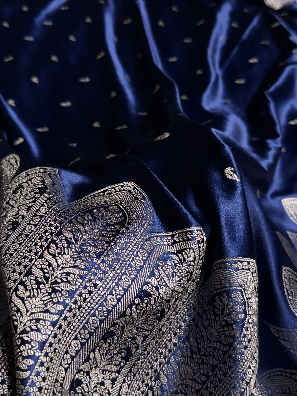 Banarasi Mashru Satin Silk Saree with Scallop Pattern In Navy Blue Shades MSC02