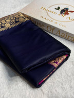 Banarasi Satin Katan Silk Saree Plain Body Pattern in Contrast Cross Navy Blue with Rani Shades SK05