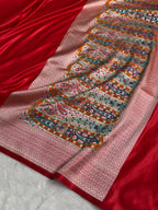 Banarasi Satin Katan Silk Saree Plain body with Minakari Pallu Pattern in Red Shades SK17