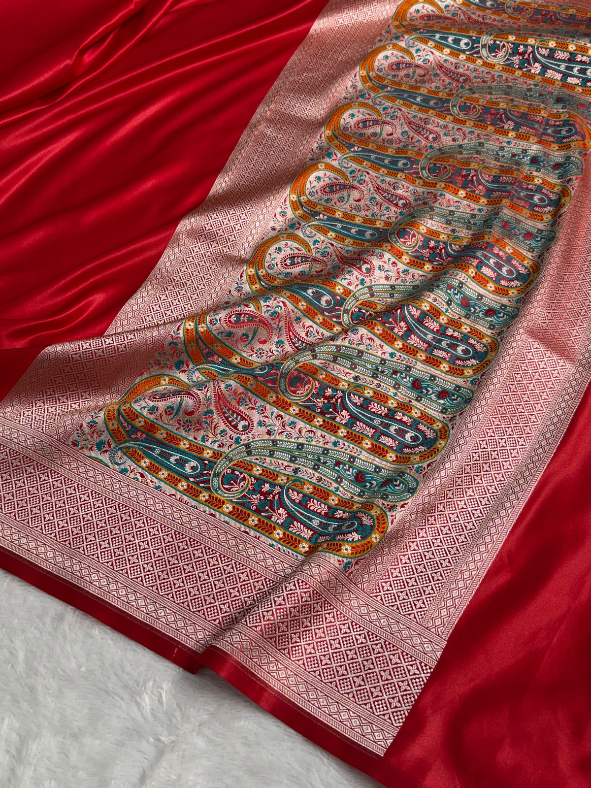 Banarasi Satin Katan Silk Saree Plain body with Minakari Pallu Pattern in Red Shades SK17