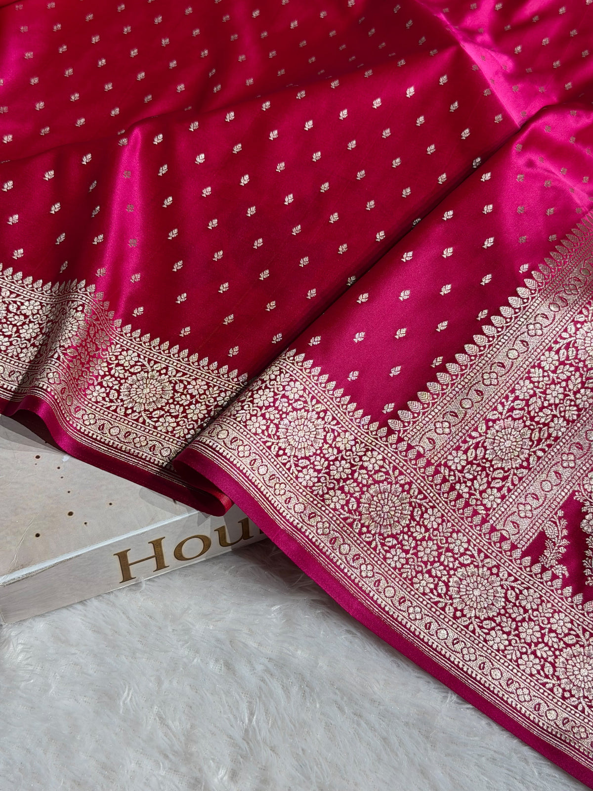 Banarasi Mashru Satin Silk Saree Booti Pattern Cross Rani Shades MSK18