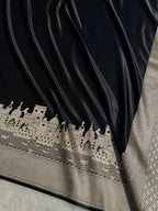 Banarasi Mashru Satin Silk Saree Ghat Pattern Black Shades MSK23