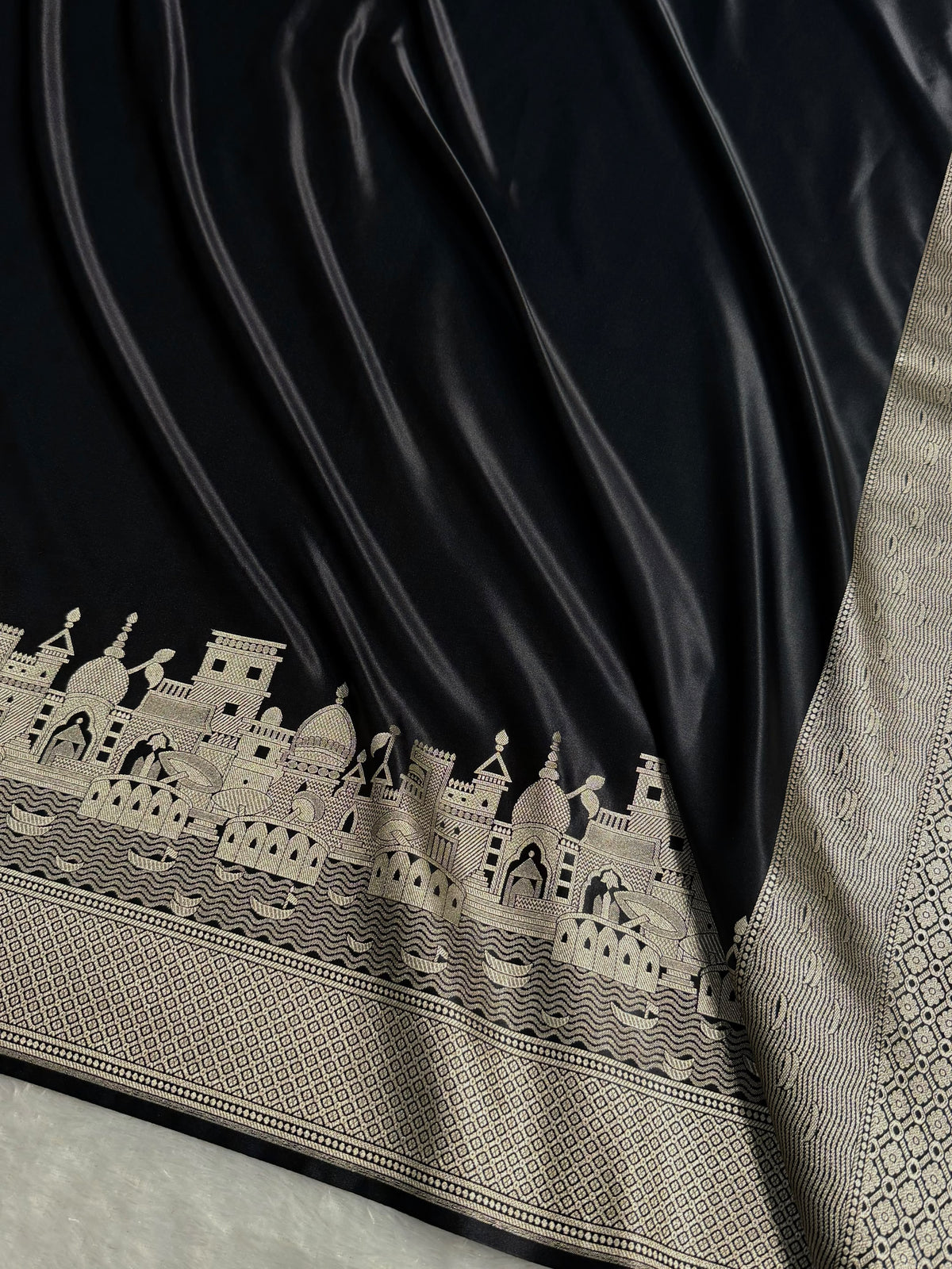 Banarasi Mashru Satin Silk Saree Ghat Pattern Black Shades MSK23
