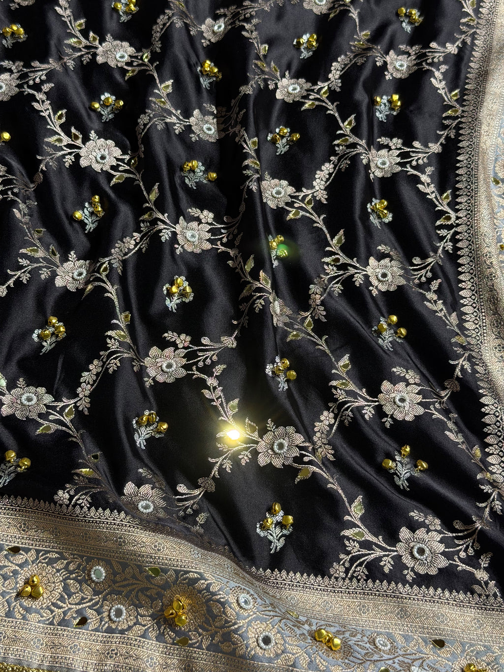 Banarasi Mashru Satin Silk Saree with Ghungroo & Mirror work Minakari Floral Jaal Pattern In Black With Grey Shades BMSC14