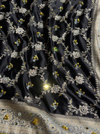 Banarasi Mashru Satin Silk Saree with Ghungroo & Mirror work Minakari Floral Jaal Pattern In Black With Grey Shades BMSC14