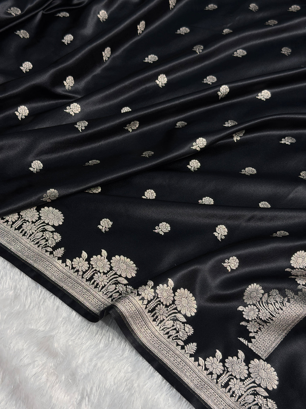 Banarasi Mashru Satin Silk Saree In Booti Pattern With Black Shades MSC01