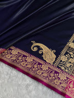 Banarasi Satin Katan Silk Saree Plain Body Pattern in Contrast Cross Navy Blue with Rani Shades SK05