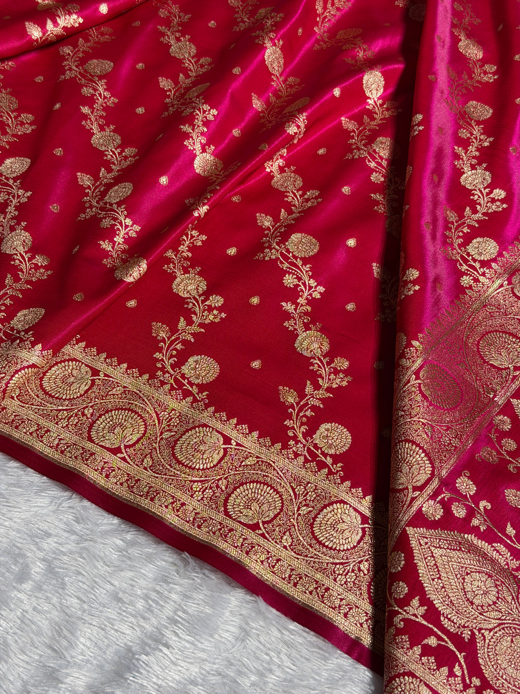 Banarasi Satin Silk Saree Cross Pattern in Rani Shades SS01