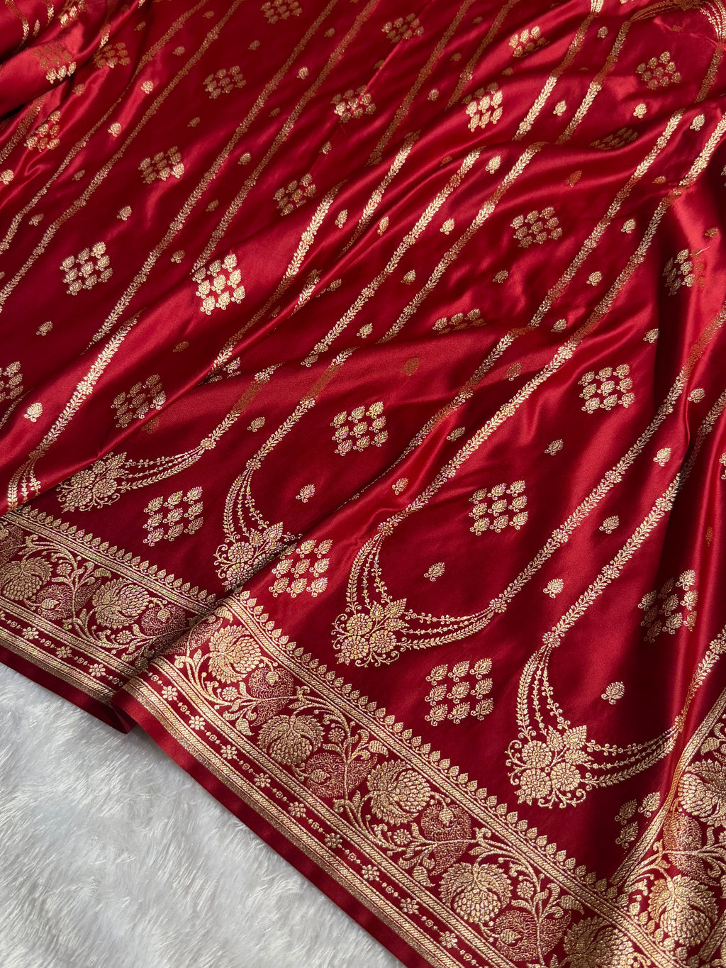 Banarasi Satin Katan Silk Saree Striped Pattern in Maroon Shades SK06
