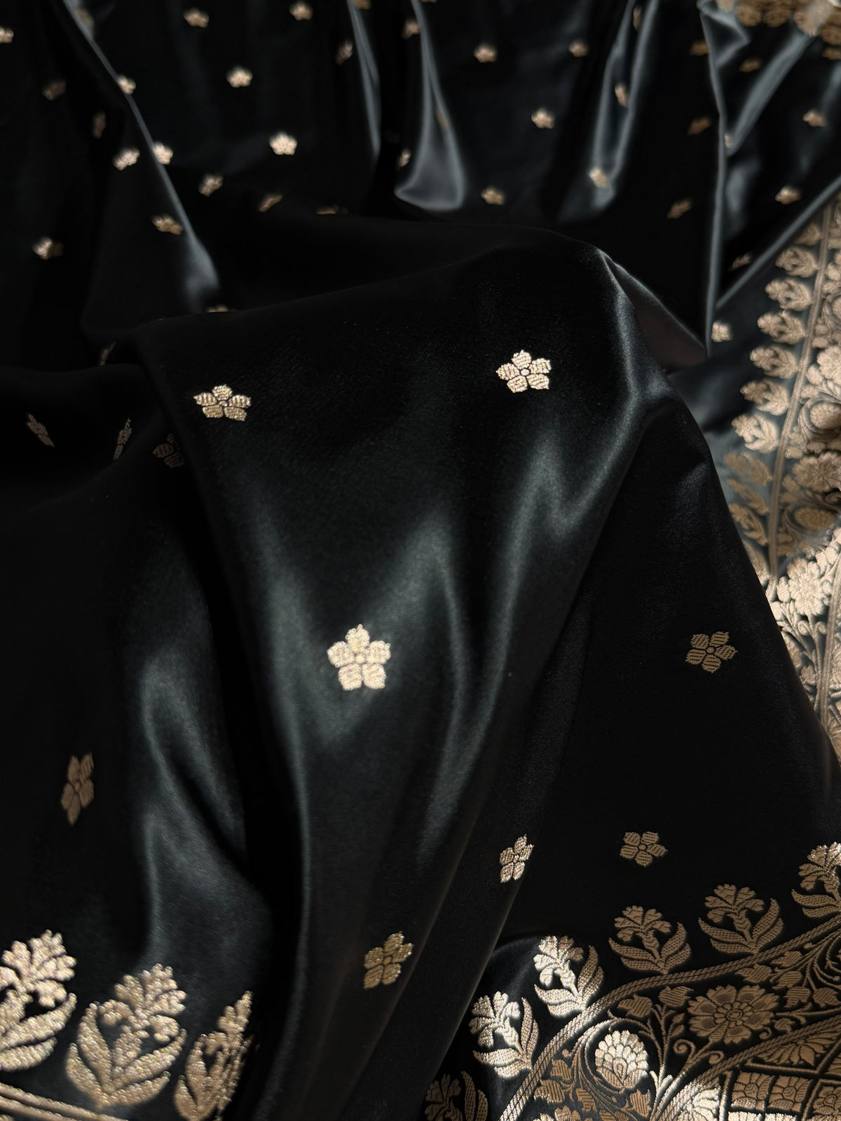 Banarasi Mashru Satin Silk Saree Booti Pattern Black Shades MSK14