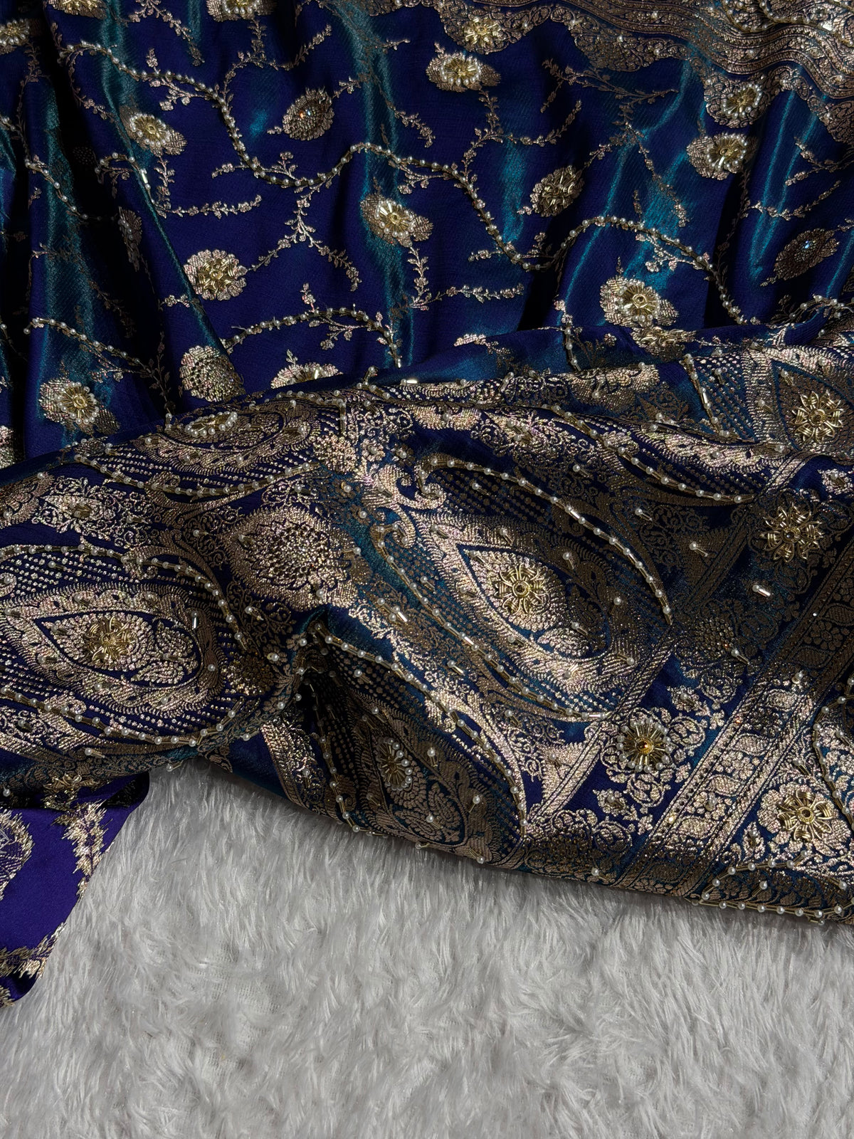 Banarasi Satin Silk Saree With Pearl Aari Work Jaal Pattern in Peacock Shades BSS12