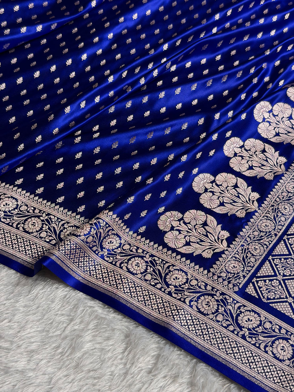 Banarasi Mashru Satin Silk Saree Booti Pattern in Royal Blue Shades MSK10