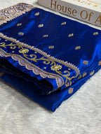Bridal Royal Blue Banarasi Katan satin silk saree Booti Pattern with Zardozi & Pearl Work BSK03