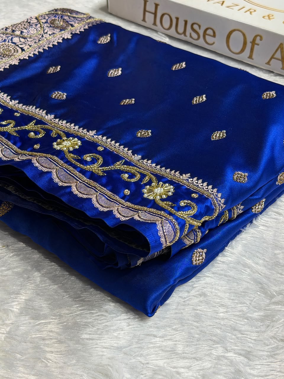 Bridal Royal Blue Banarasi Katan satin silk saree Booti Pattern with Zardozi & Pearl Work BSK03