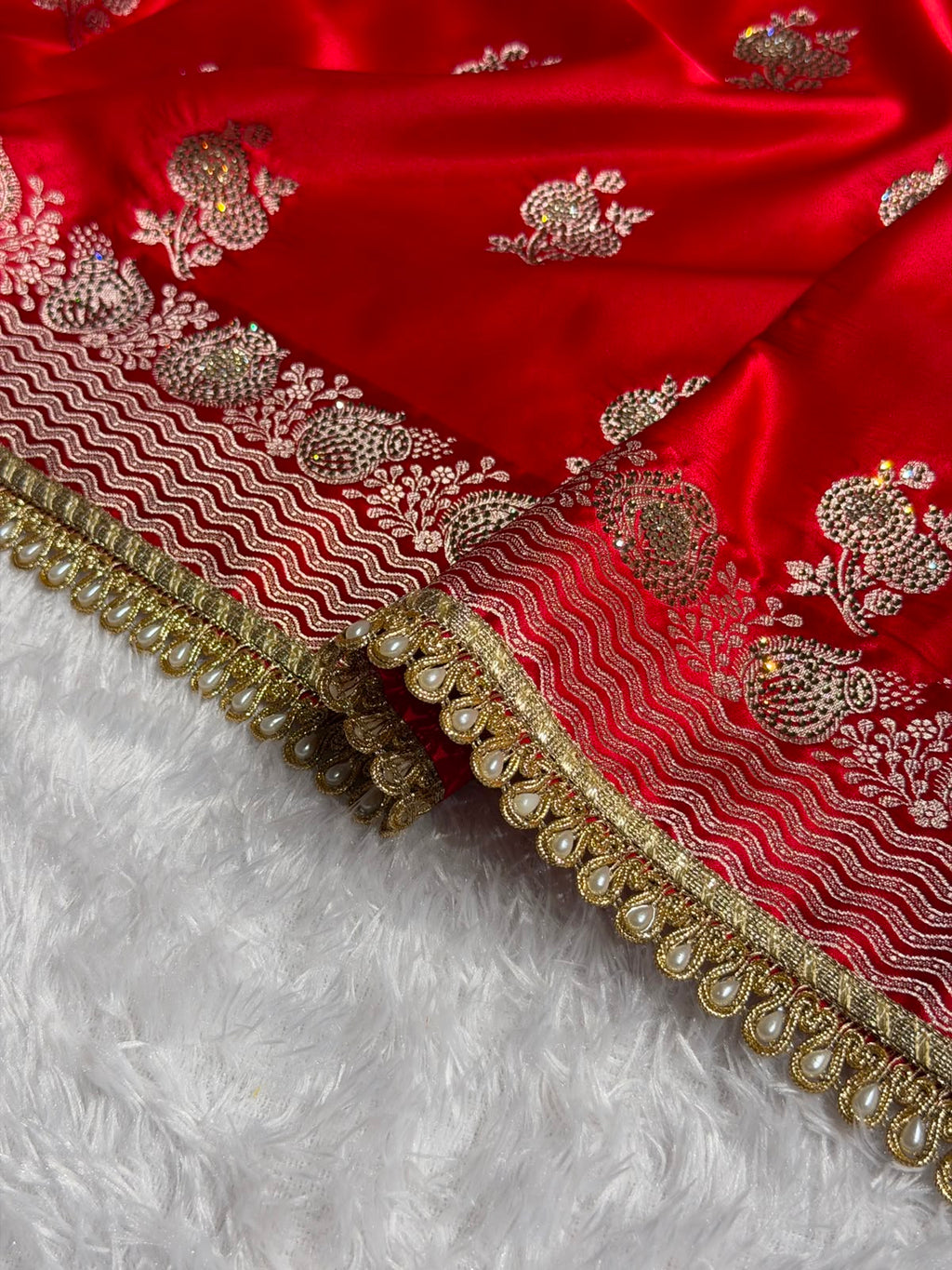 Red Bridal Banarasi Katan Satin silk saree Booti Ganga Ghaat with Swarovski & Gotta Patti Work BSKL01