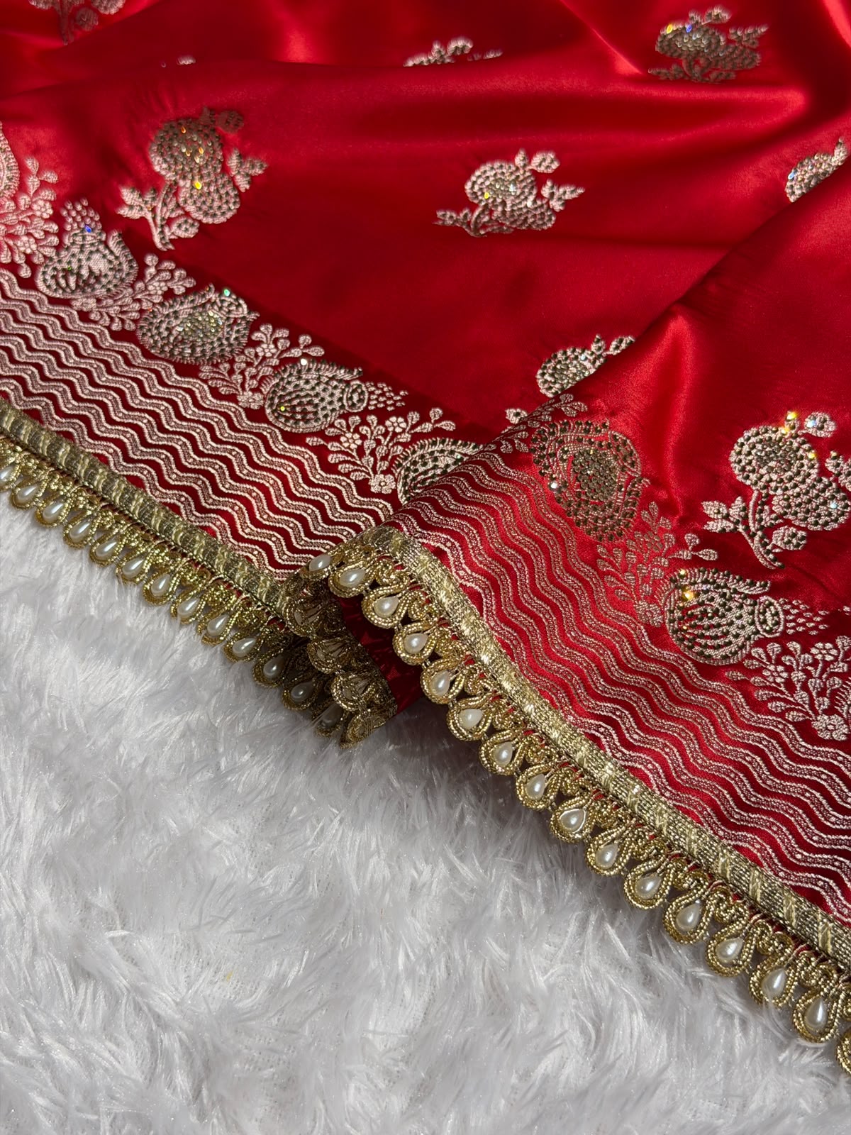 Red Bridal Banarasi Katan Satin silk saree Booti Ganga Ghaat with Swarovski & Gotta Patti Work BSKL01