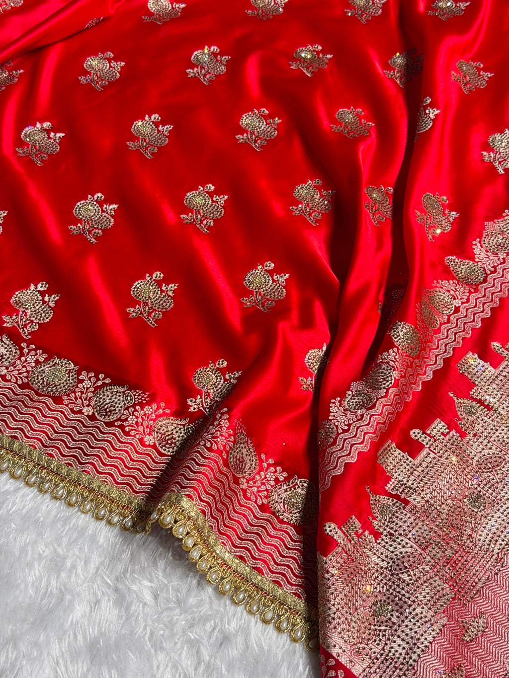 Red Bridal Banarasi Katan Satin silk saree Booti Ganga Ghaat with Swarovski & Gotta Patti Work BSKL01
