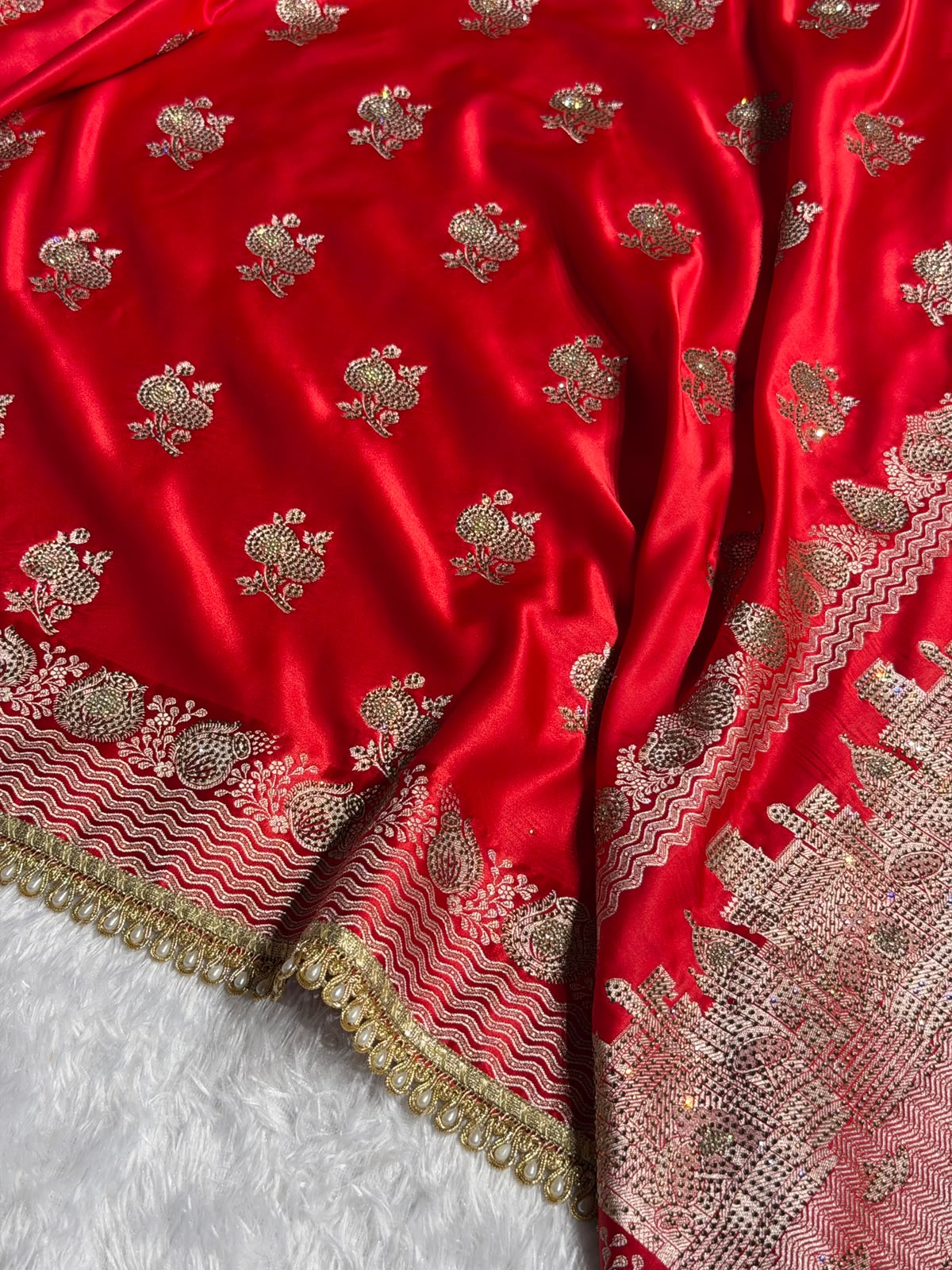 Red Bridal Banarasi Katan Satin silk saree Booti Ganga Ghaat with Swarovski & Gotta Patti Work BSKL01