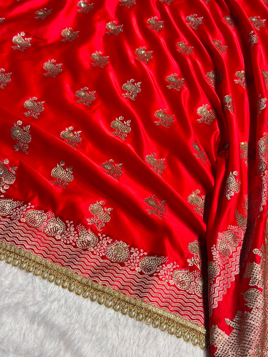 Red Bridal Banarasi Katan Satin silk saree Booti Ganga Ghaat with Swarovski & Gotta Patti Work BSKL01