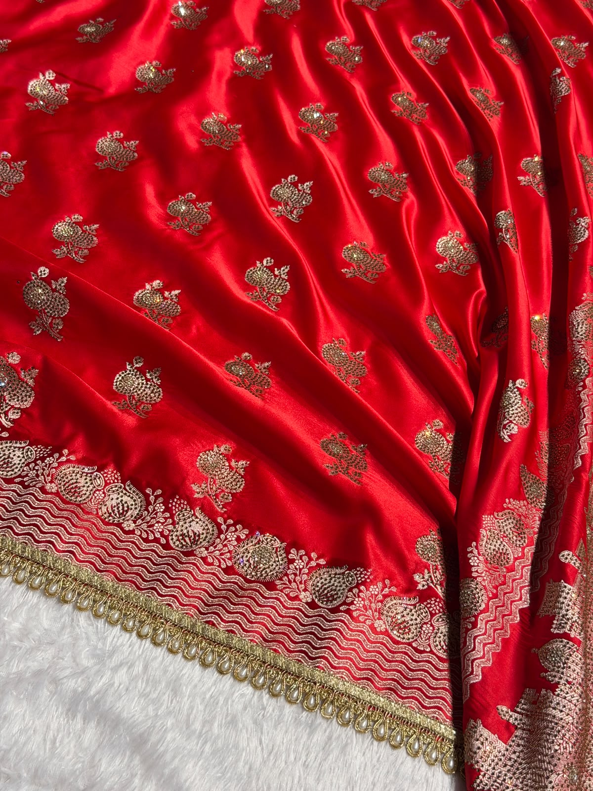 Red Bridal Banarasi Katan Satin silk saree Booti Ganga Ghaat with Swarovski & Gotta Patti Work BSKL01