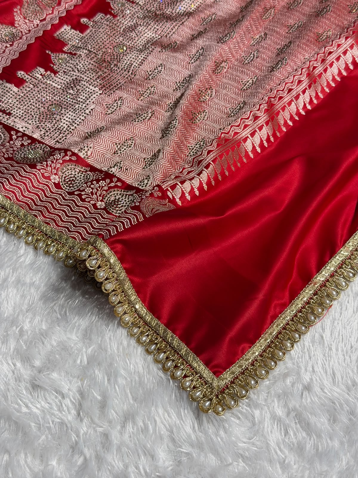 Red Bridal Banarasi Katan Satin silk saree Booti Ganga Ghaat with Swarovski & Gotta Patti Work BSKL01