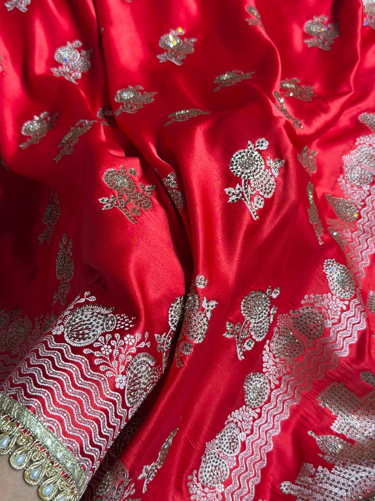 Red Bridal Banarasi Katan Satin silk saree Booti Ganga Ghaat with Swarovski & Gotta Patti Work BSKL01