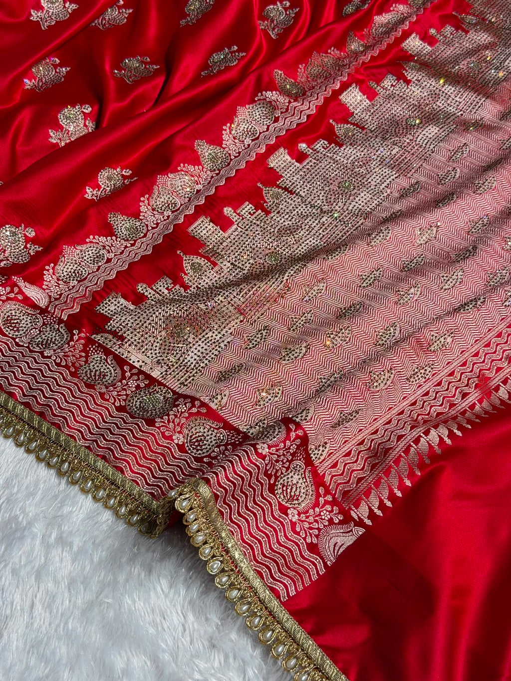 Red Bridal Banarasi Katan Satin silk saree Booti Ganga Ghaat with Swarovski & Gotta Patti Work BSKL01
