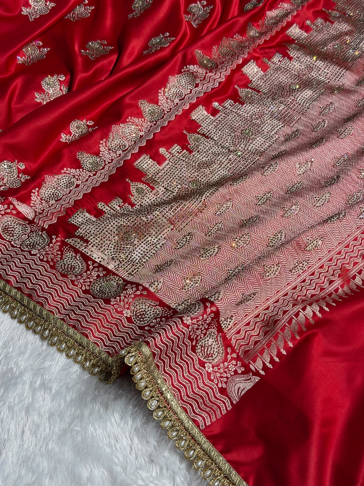 Red Bridal Banarasi Katan Satin silk saree Booti Ganga Ghaat with Swarovski & Gotta Patti Work BSKL01