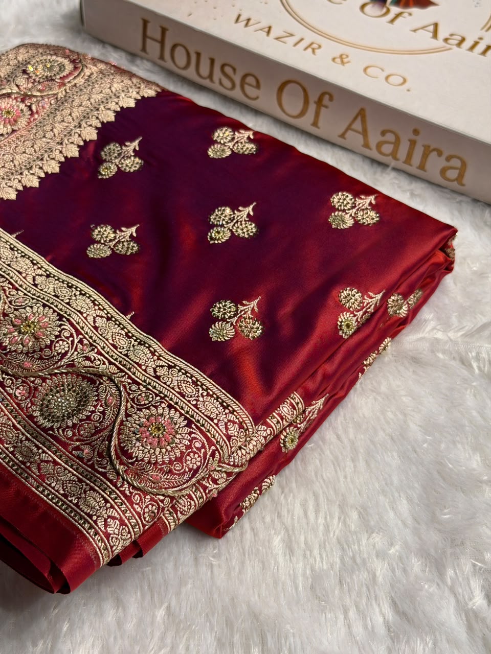 Bridal Banarasi Katan Satin Silk Saree Booti Pattern with Zardozi & Swarovski Work in Reddish Purple Shades BSK02