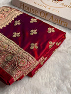 Bridal Banarasi Katan Satin Silk Saree Booti Pattern with Zardozi & Swarovski Work in Reddish Purple Shades BSK02
