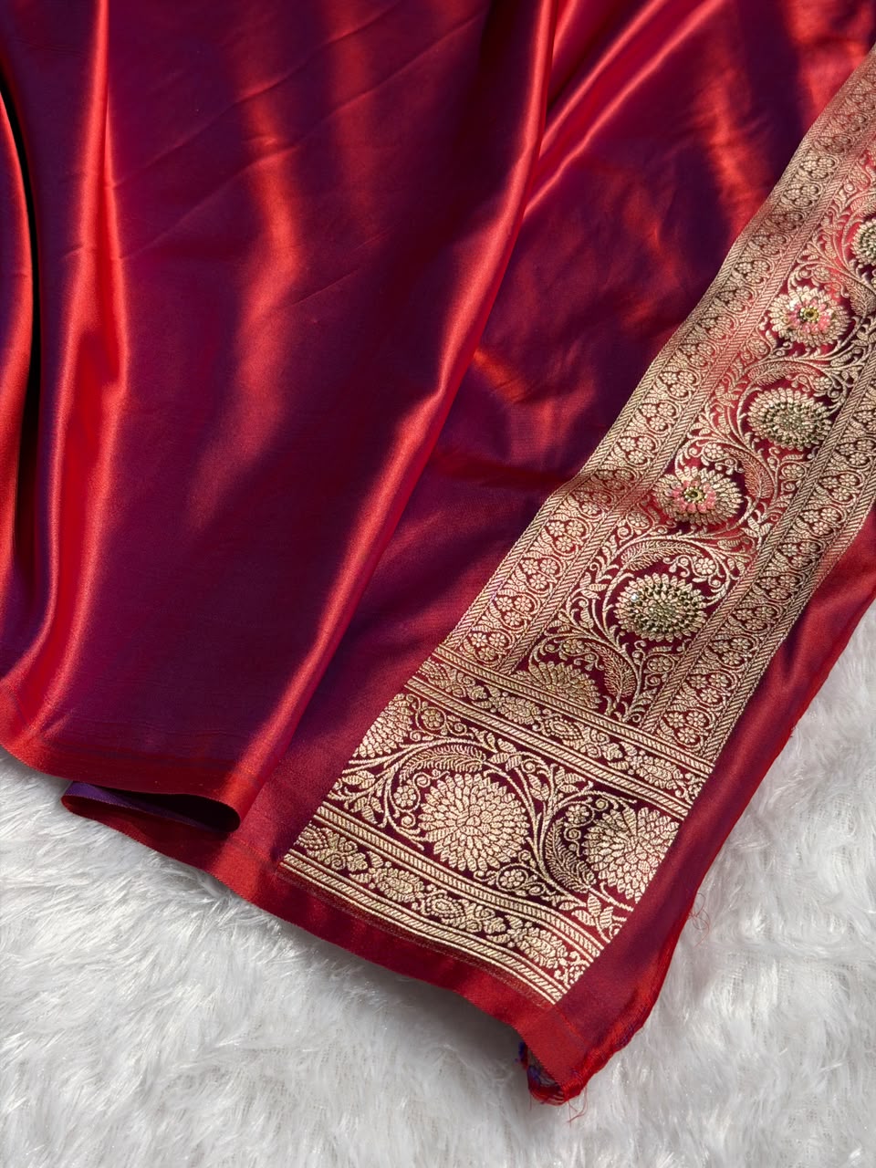 Bridal Banarasi Katan Satin Silk Saree Booti Pattern with Zardozi & Swarovski Work in Reddish Purple Shades BSK02