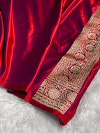 Bridal Banarasi Katan Satin Silk Saree Booti Pattern with Zardozi & Swarovski Work in Reddish Purple Shades BSK02