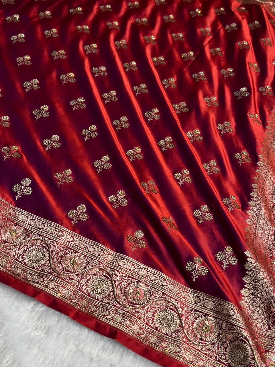 Bridal Banarasi Katan Satin Silk Saree Booti Pattern with Zardozi & Swarovski Work in Reddish Purple Shades BSK02