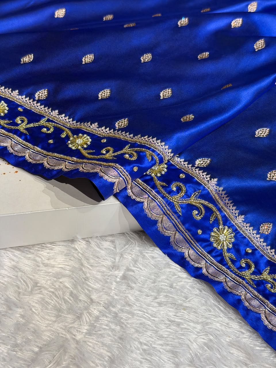 Bridal Royal Blue Banarasi Katan satin silk saree Booti Pattern with Zardozi & Pearl Work BSK03