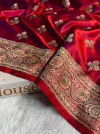 Bridal Banarasi Katan Satin Silk Saree Booti Pattern with Zardozi & Swarovski Work in Reddish Purple Shades BSK02