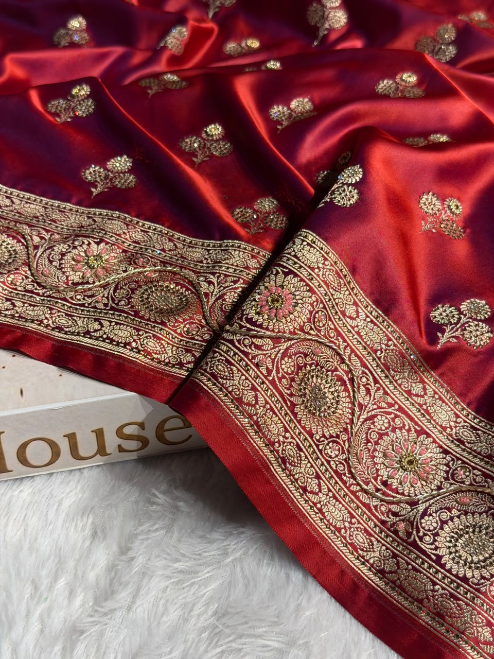 Bridal Banarasi Katan Satin Silk Saree Booti Pattern with Zardozi & Swarovski Work in Reddish Purple Shades BSK02