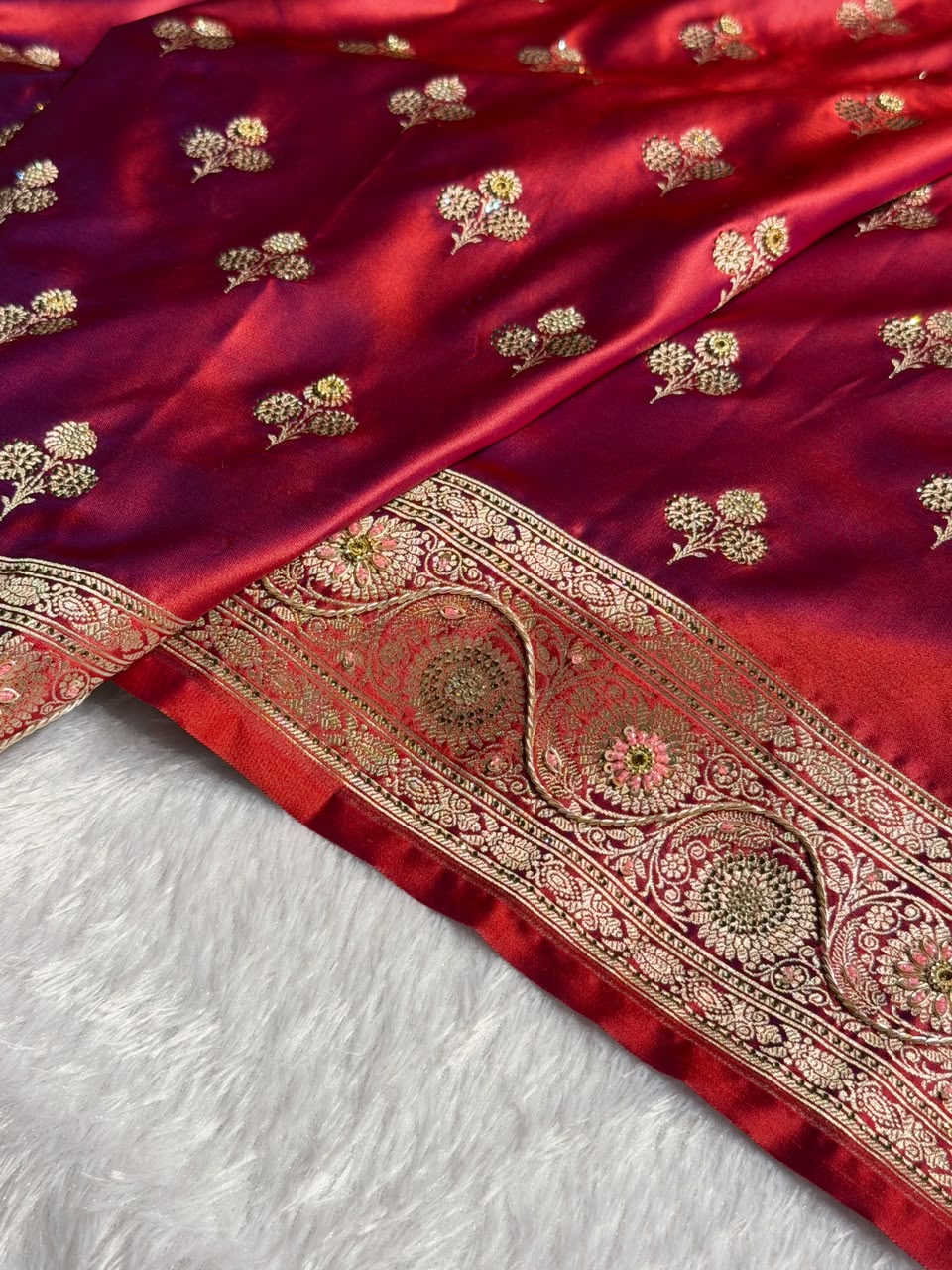 Bridal Banarasi Katan Satin Silk Saree Booti Pattern with Zardozi & Swarovski Work in Reddish Purple Shades BSK02