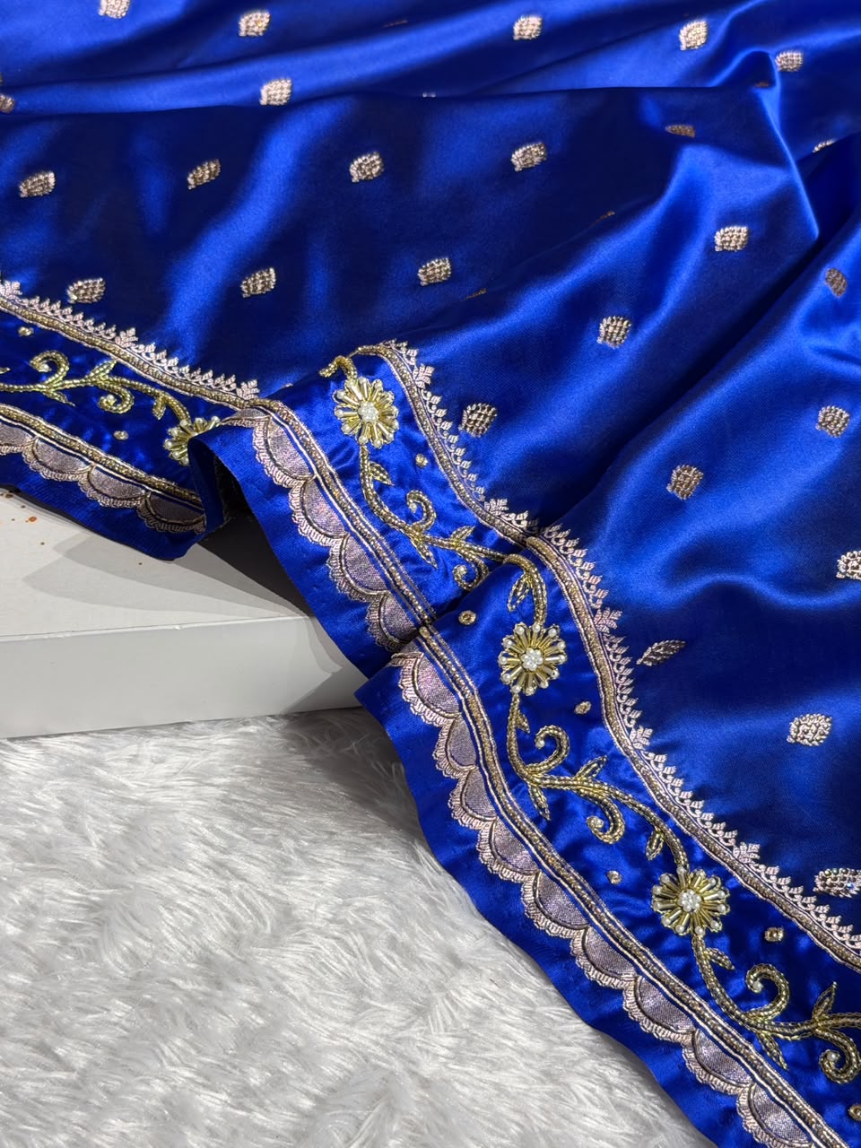 Bridal Royal Blue Banarasi Katan satin silk saree Booti Pattern with Zardozi & Pearl Work BSK03