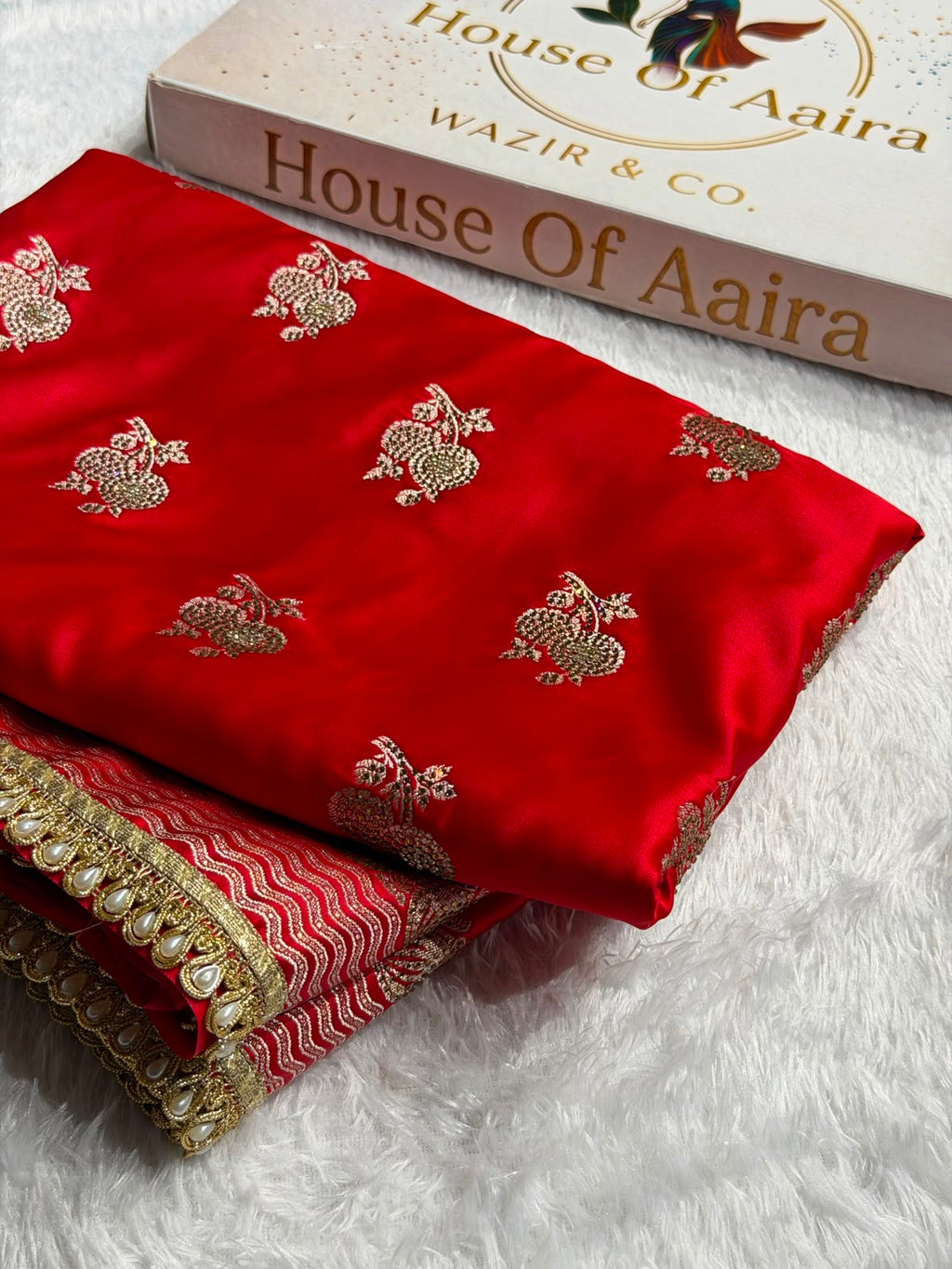 Red Bridal Banarasi Katan Satin silk saree Booti Ganga Ghaat with Swarovski & Gotta Patti Work BSKL01