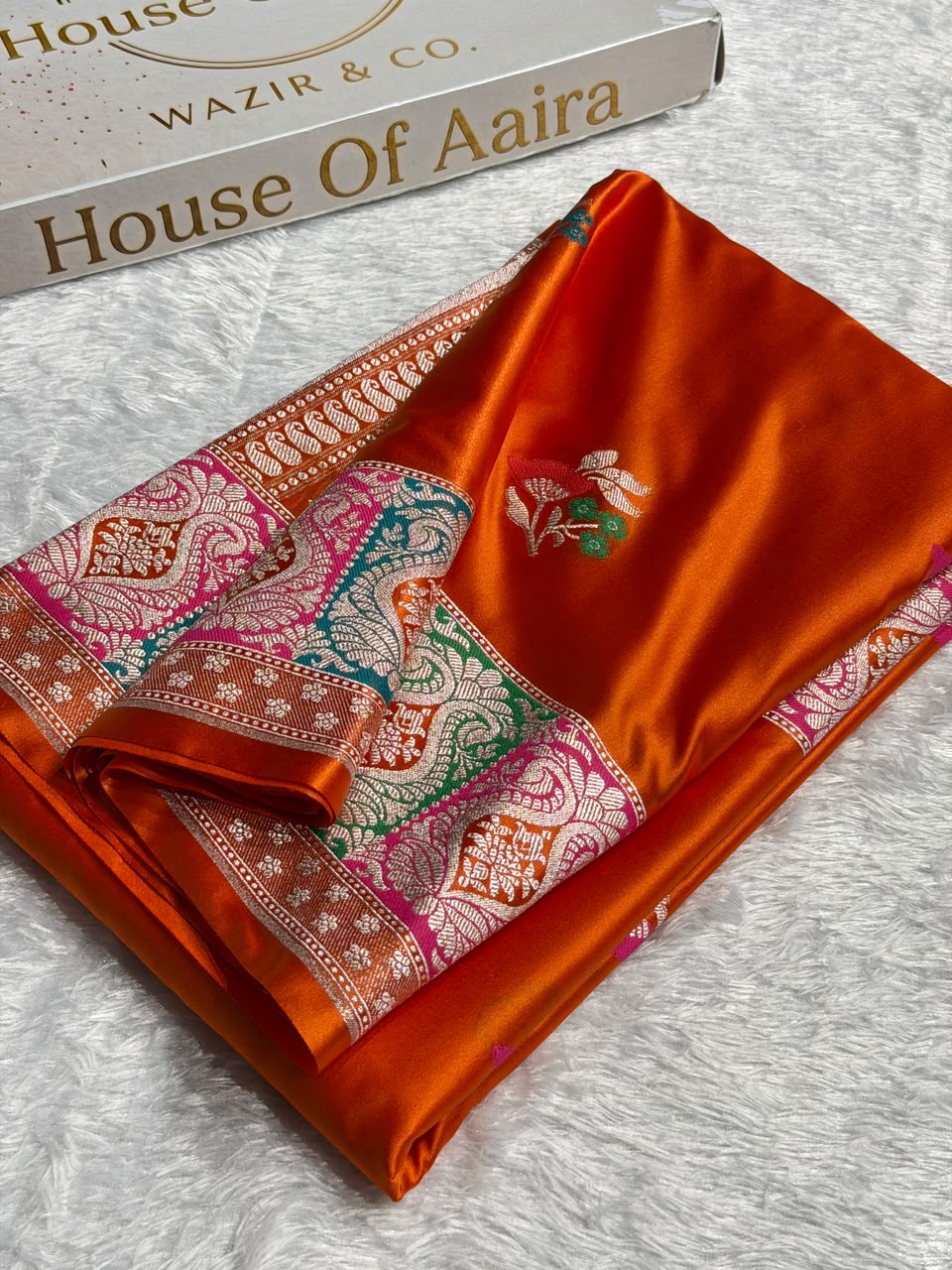 Banarasi Mashru Satin Silk Saree Floral Boota Mina Pattern In Orange Shades MSC05