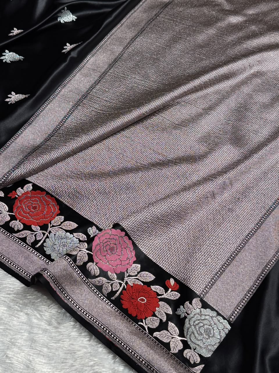 Banarasi Mashru Satin Silk Saree with Floral Boota Mina Pattern in Black Shades MSC03