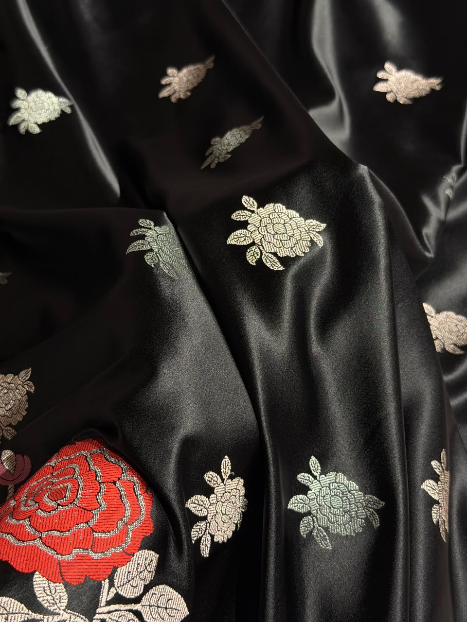 Banarasi Mashru Satin Silk Saree with Floral Boota Mina Pattern in Black Shades MSC03