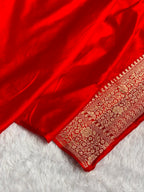 Banarasi Mashru Satin Silk Saree Tanchoi  Pattern Contrast Ivory & Red Shades MSC04