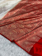 Banarasi Mashru Satin Silk Saree Tanchoi  Pattern Contrast Ivory & Red Shades MSC04