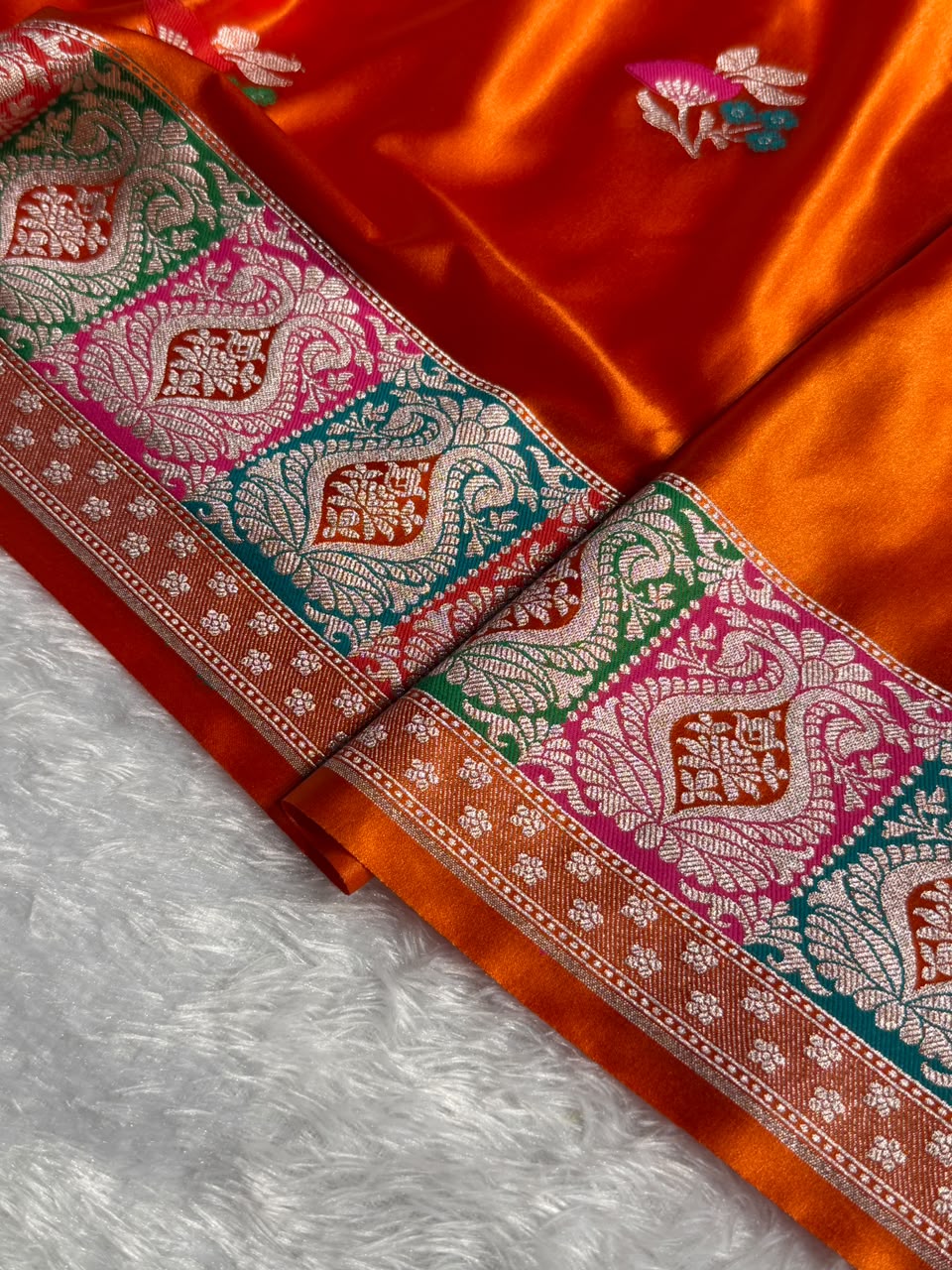 Banarasi Mashru Satin Silk Saree Floral Boota Mina Pattern In Orange Shades MSC05
