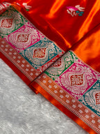 Banarasi Mashru Satin Silk Saree Floral Boota Mina Pattern In Orange Shades MSC05