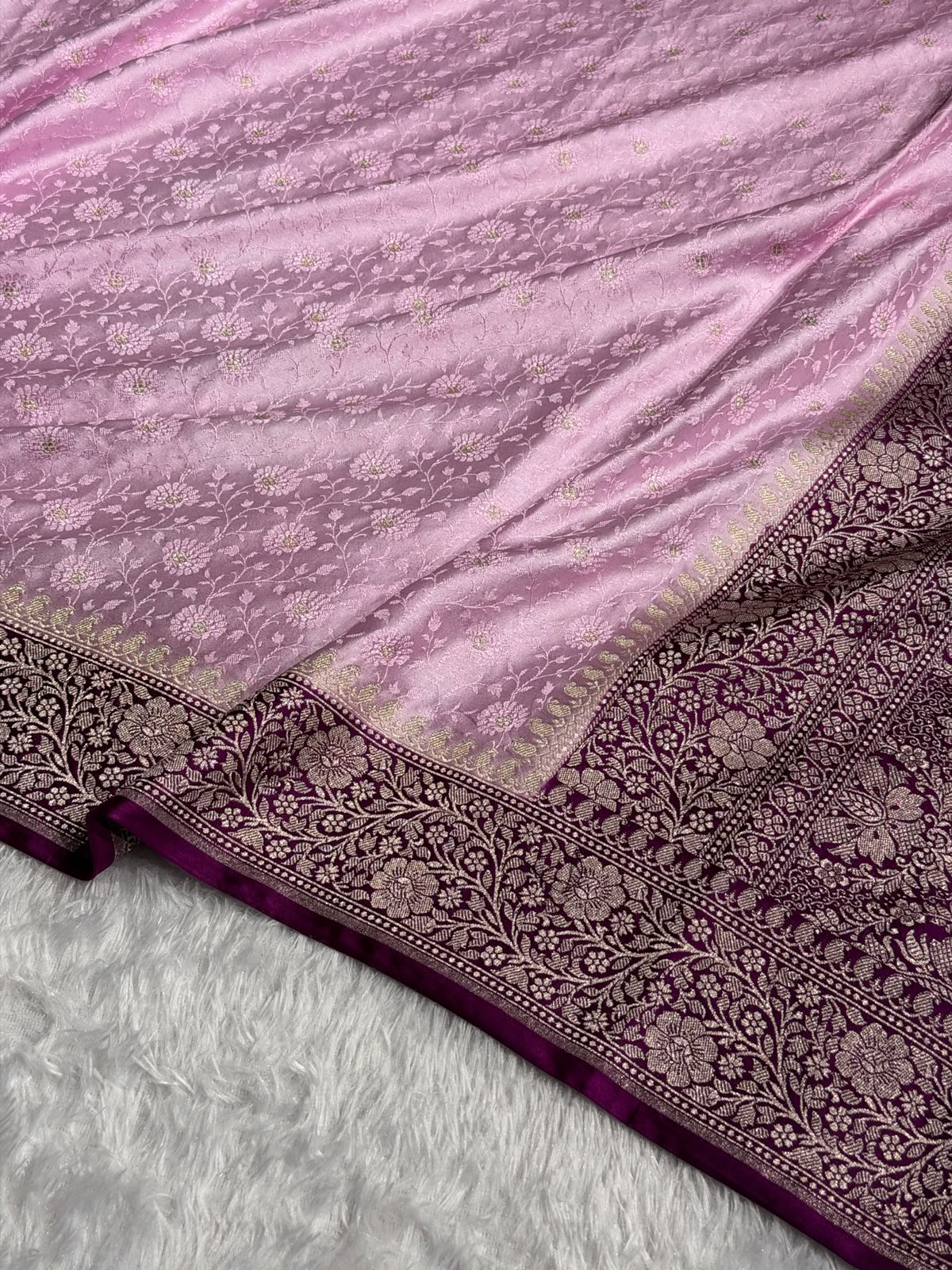 Banarasi Mashru Satin Silk Saree Tanchoi  Pattern Contrast Baby Pink & Wine Shades MSC04