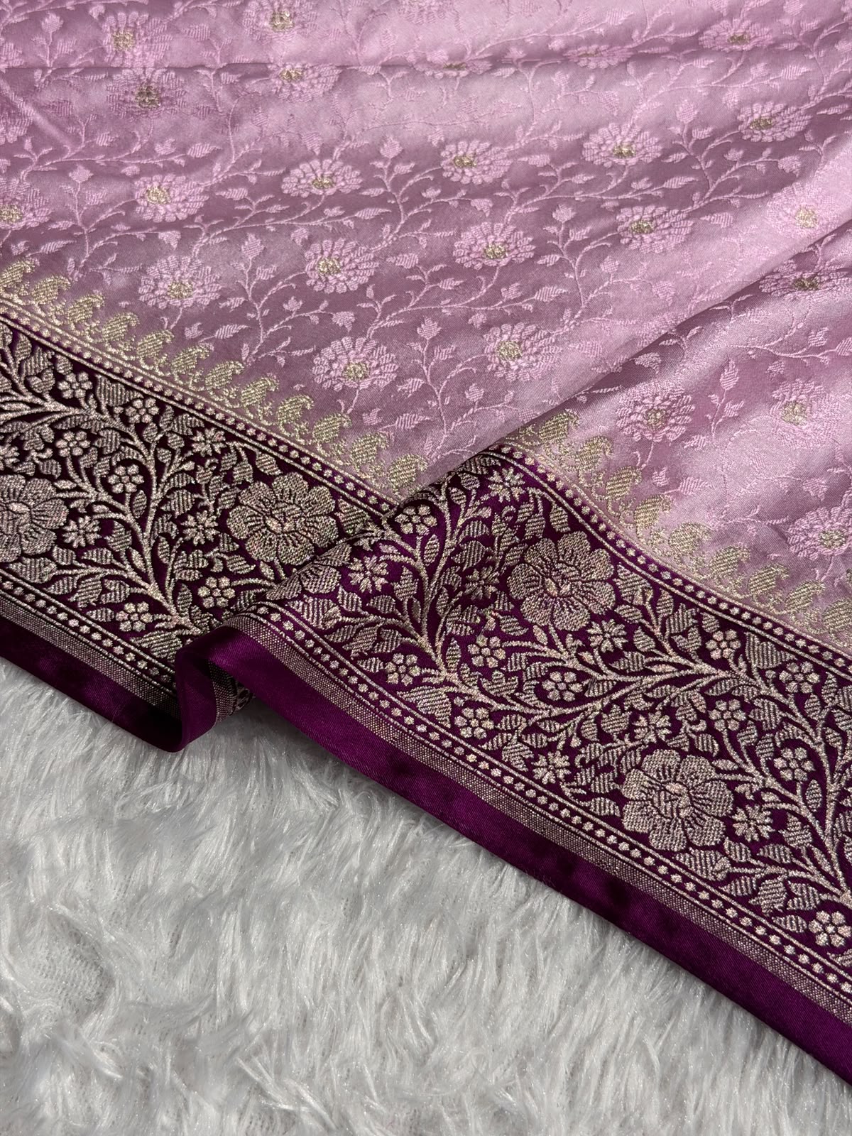 Banarasi Mashru Satin Silk Saree Tanchoi  Pattern Contrast Baby Pink & Wine Shades MSC04