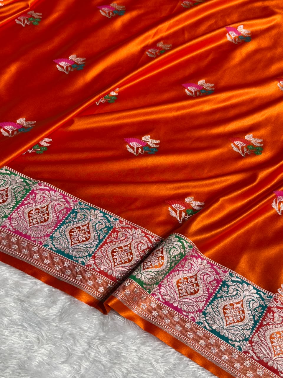 Banarasi Mashru Satin Silk Saree Floral Boota Mina Pattern In Orange Shades MSC05